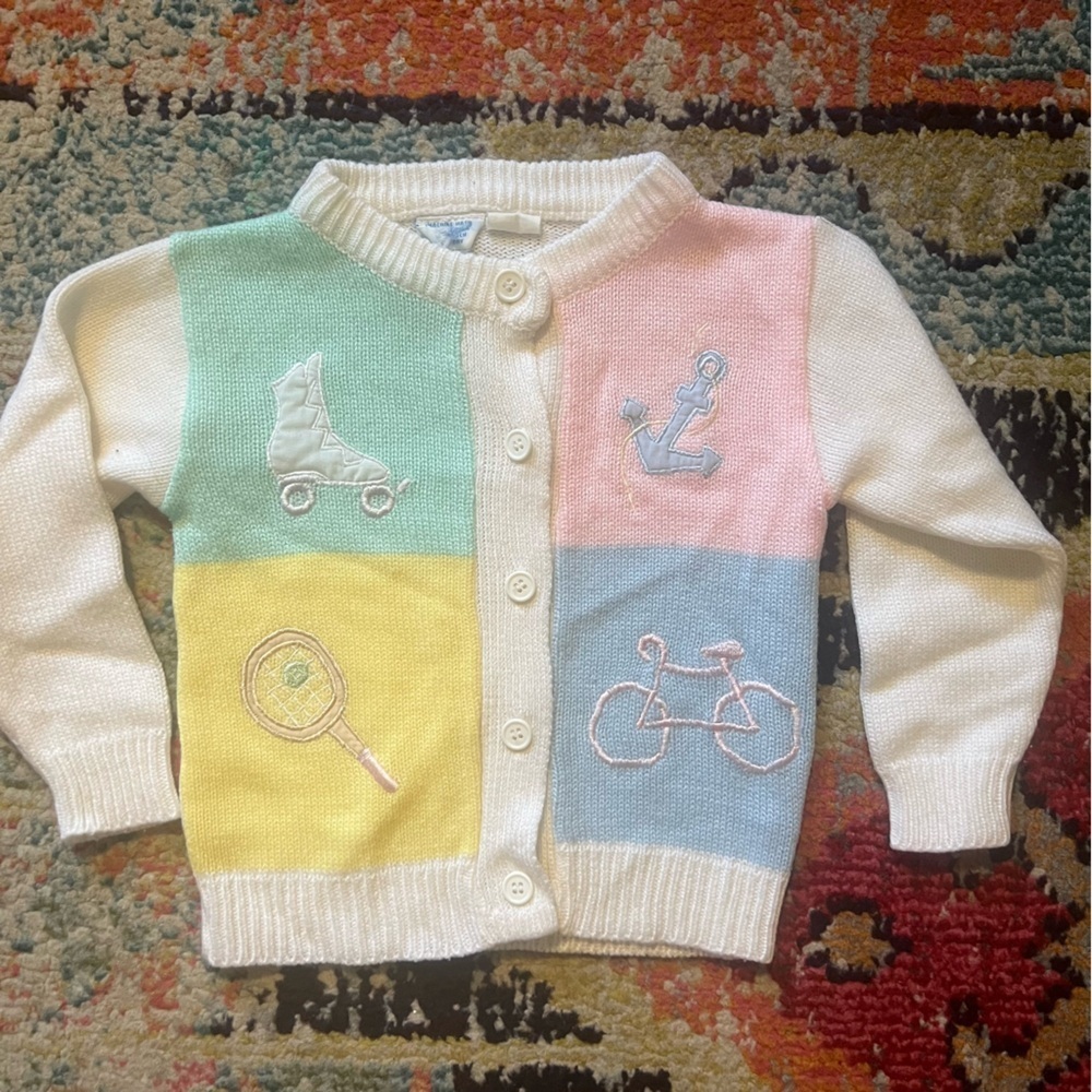 Vintage Pastel Knit Sweater with Sports Embroidery, Button-Up Design size 3
